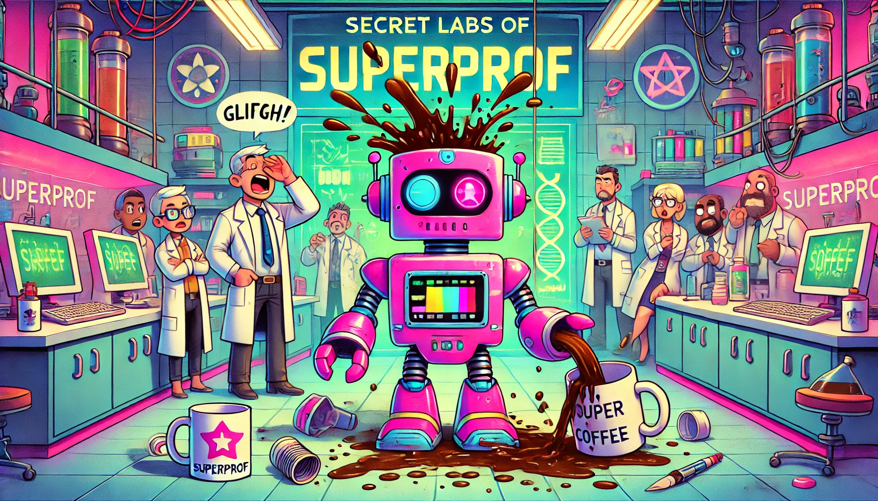 DR. Supernabot dans le laboratoire Superprof, entouré de ceux qui l'ont crée.
