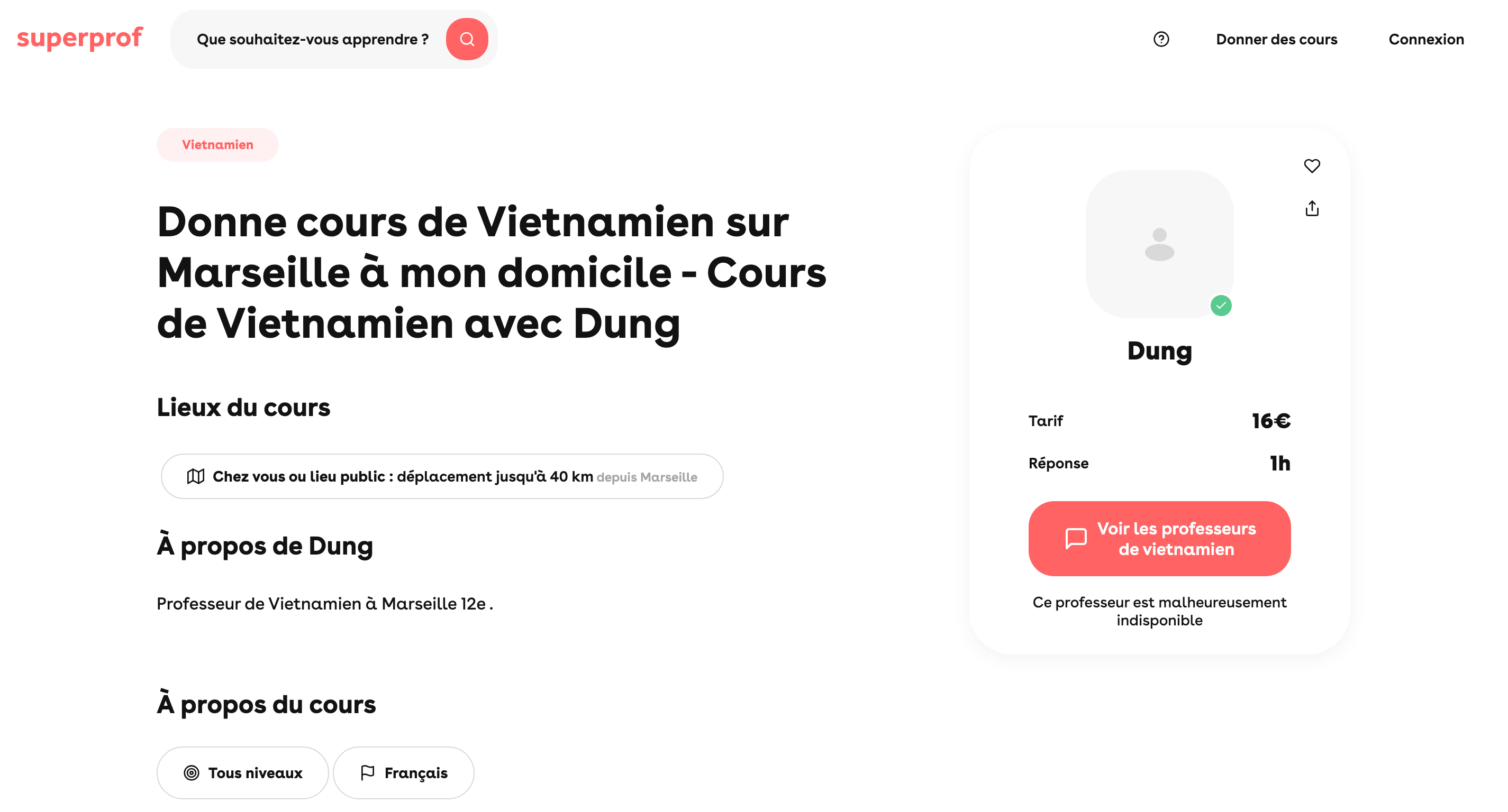 Extrait d'une page professeur de vietnamien à Marseille