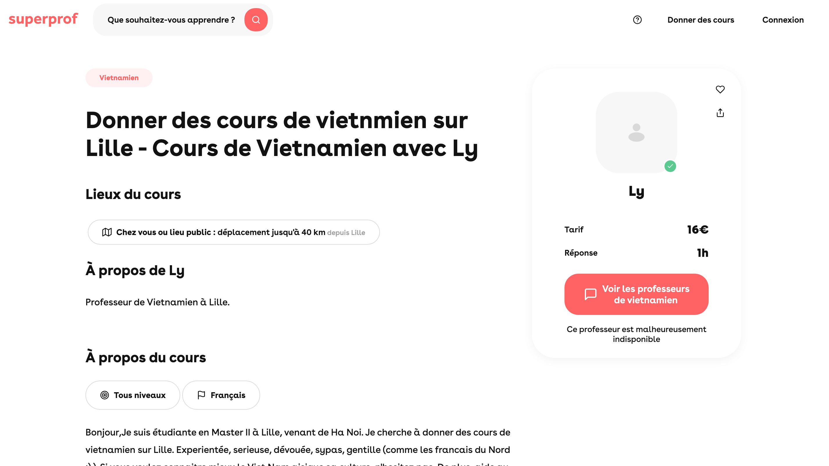 Extrait de la plateforme Superprof pour Lille