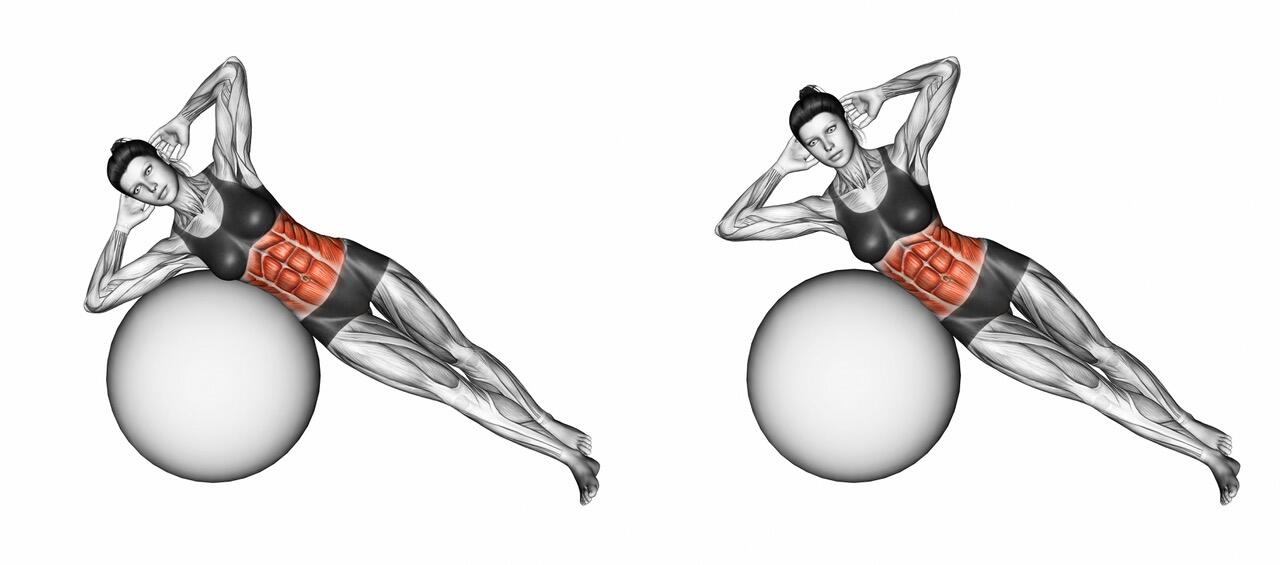 Schéma d'une femme réalisant un crunch latéral sur ballon.