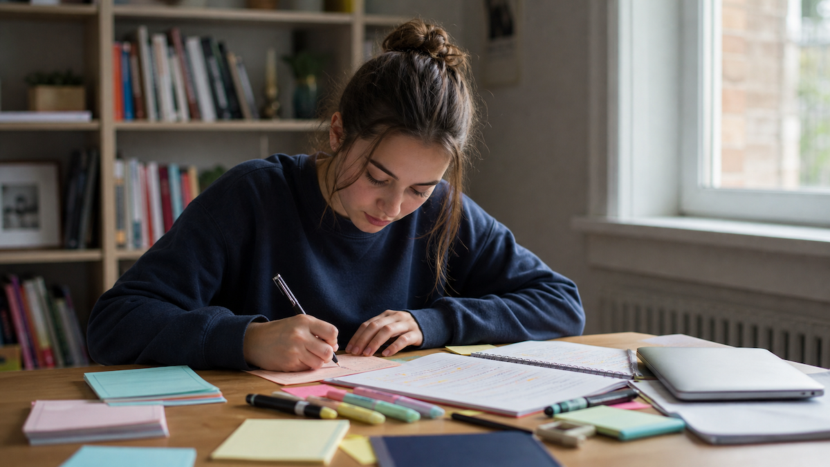 Une élève assise à son bureau rédige des fiches de révision colorées pour préparer son oral d'espagnol.