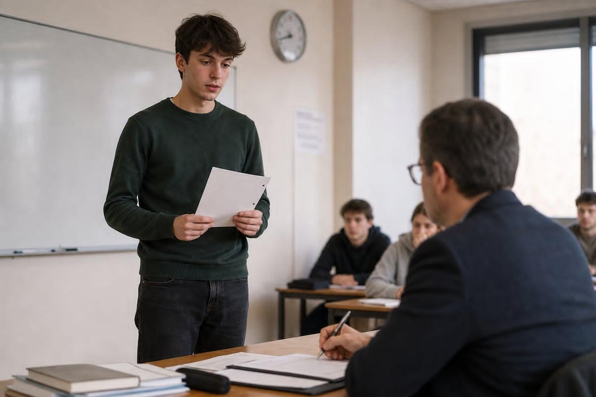 Un élève passe son oral d'espagnol devant un examinateur dans une salle d'examen.