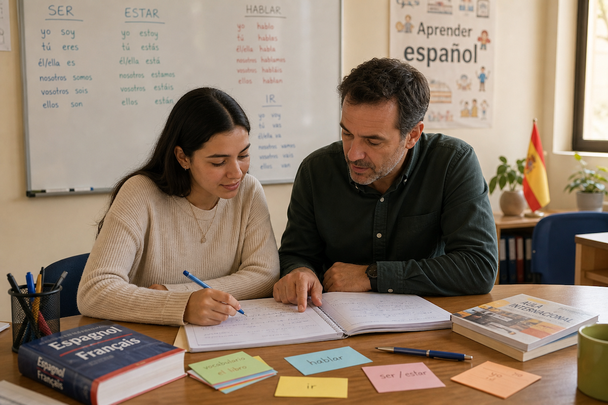 Une élève révise son oral d'espagnol avec un professeur particulier.