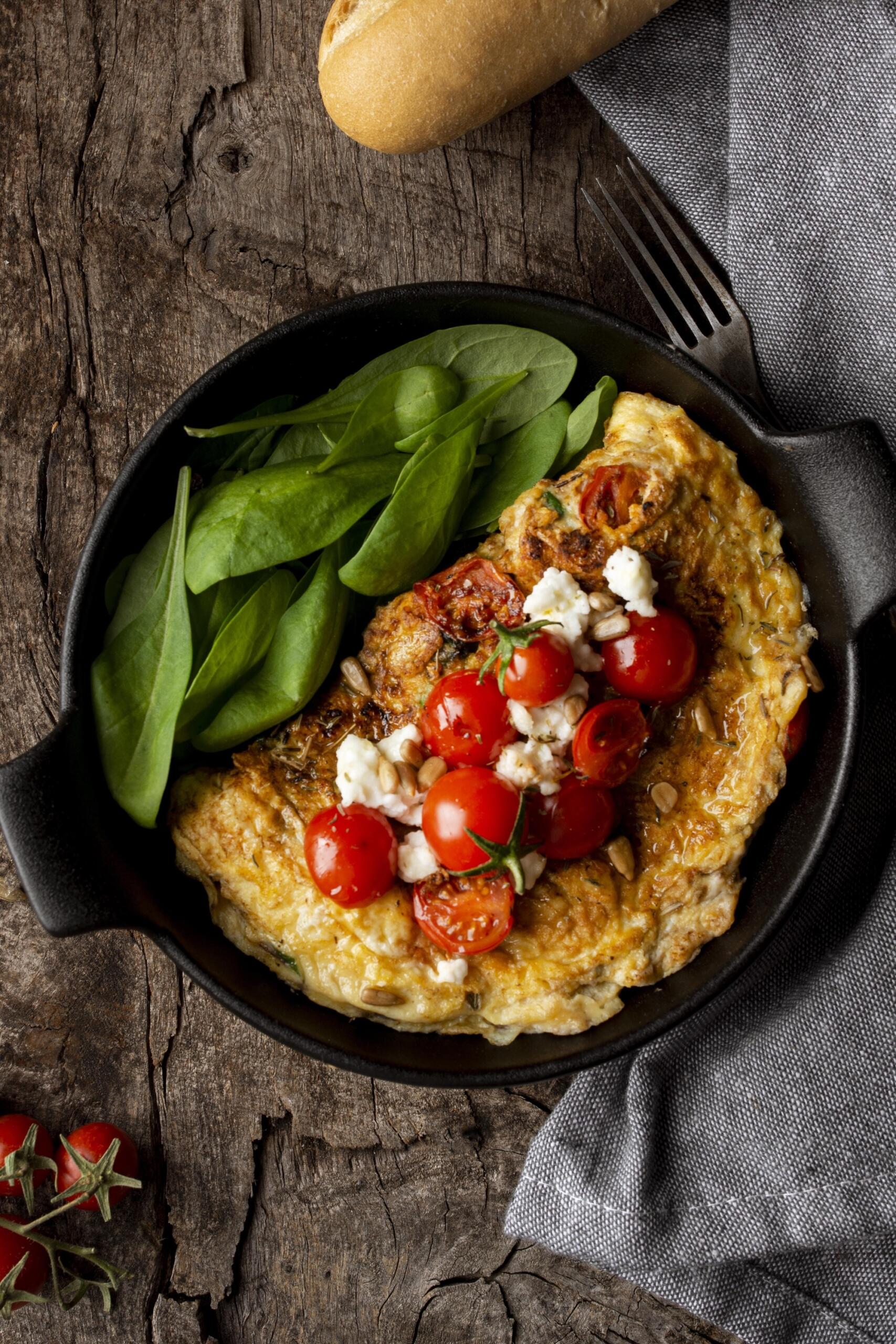 Une omelette avec des tomates cerise et des épinards