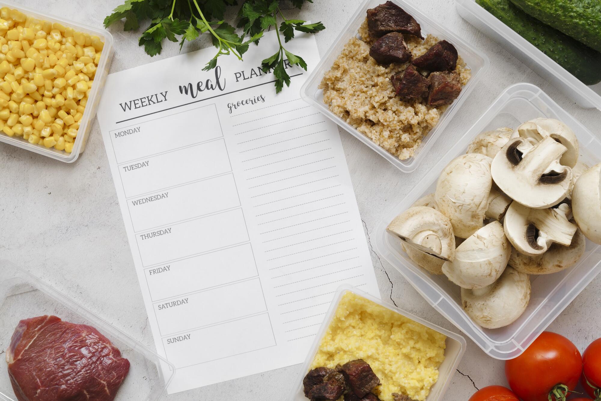 Un plan alimentaire vu du dessus avec des aliments disposés autour