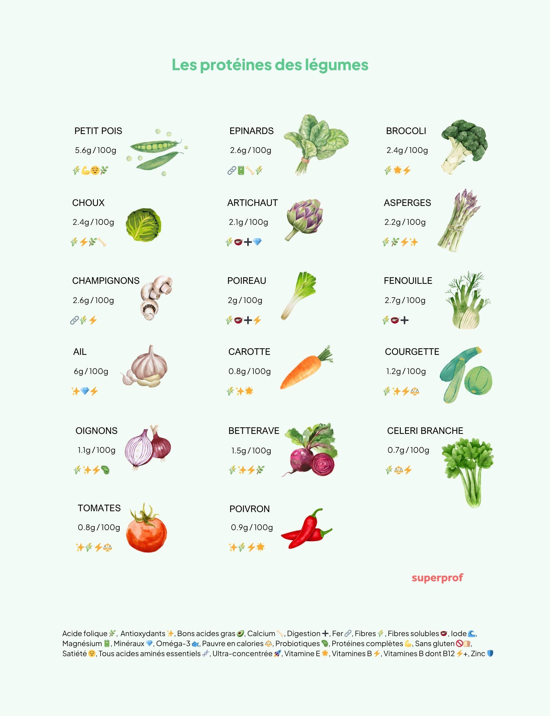 Sélection de légumes et de leur apport en protéines.