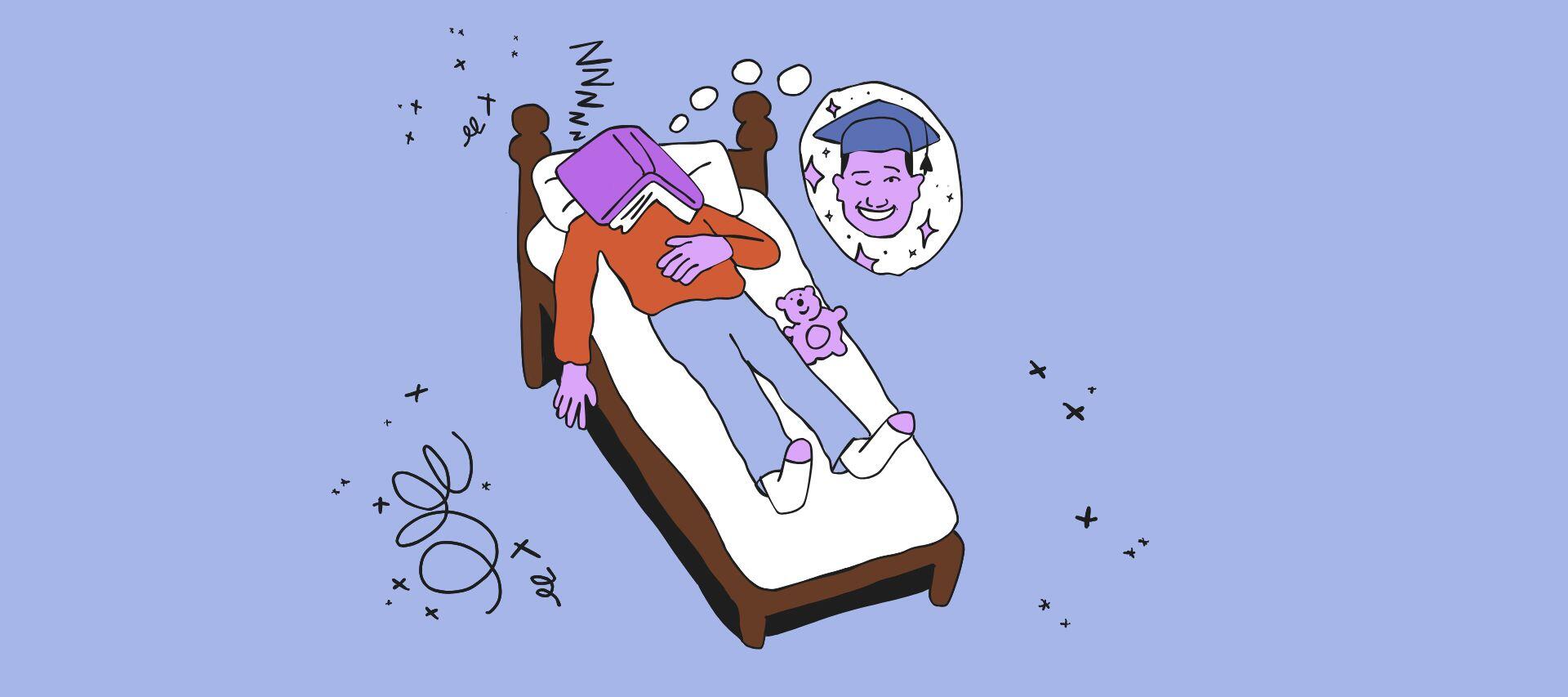 Dessin d'une personne qui dort dans un lit avec un livre sur son visage