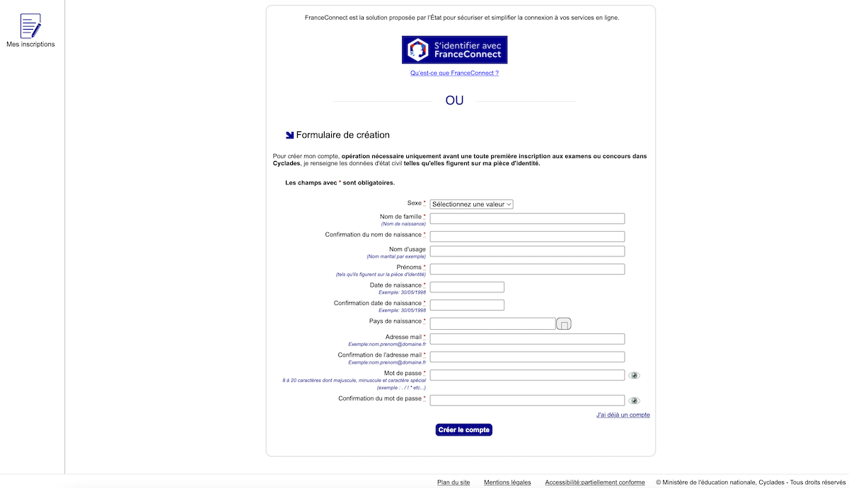Formulaire pour créer un compte sur la plateforme Cyclades