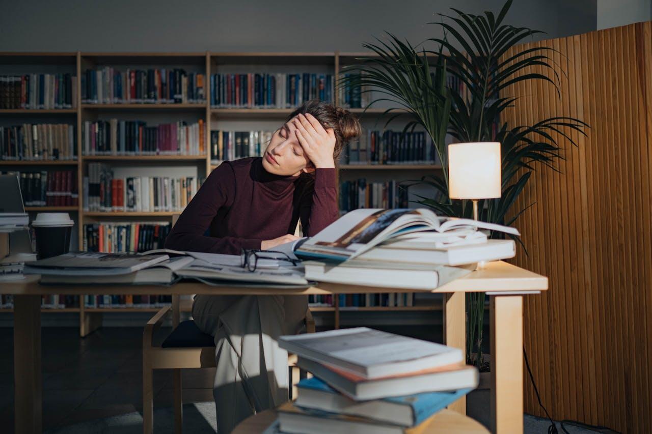 Jeune femme assise derrière un bureau rempli de livres se tenant la tête.