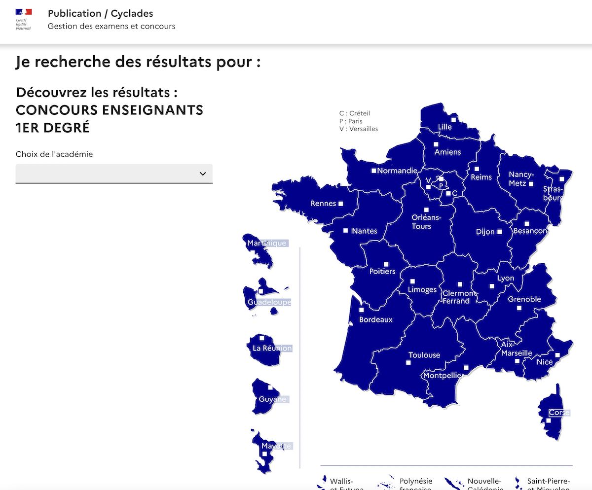Capture d'écran du site de résultats au concours de recrutement de profs des écoles.