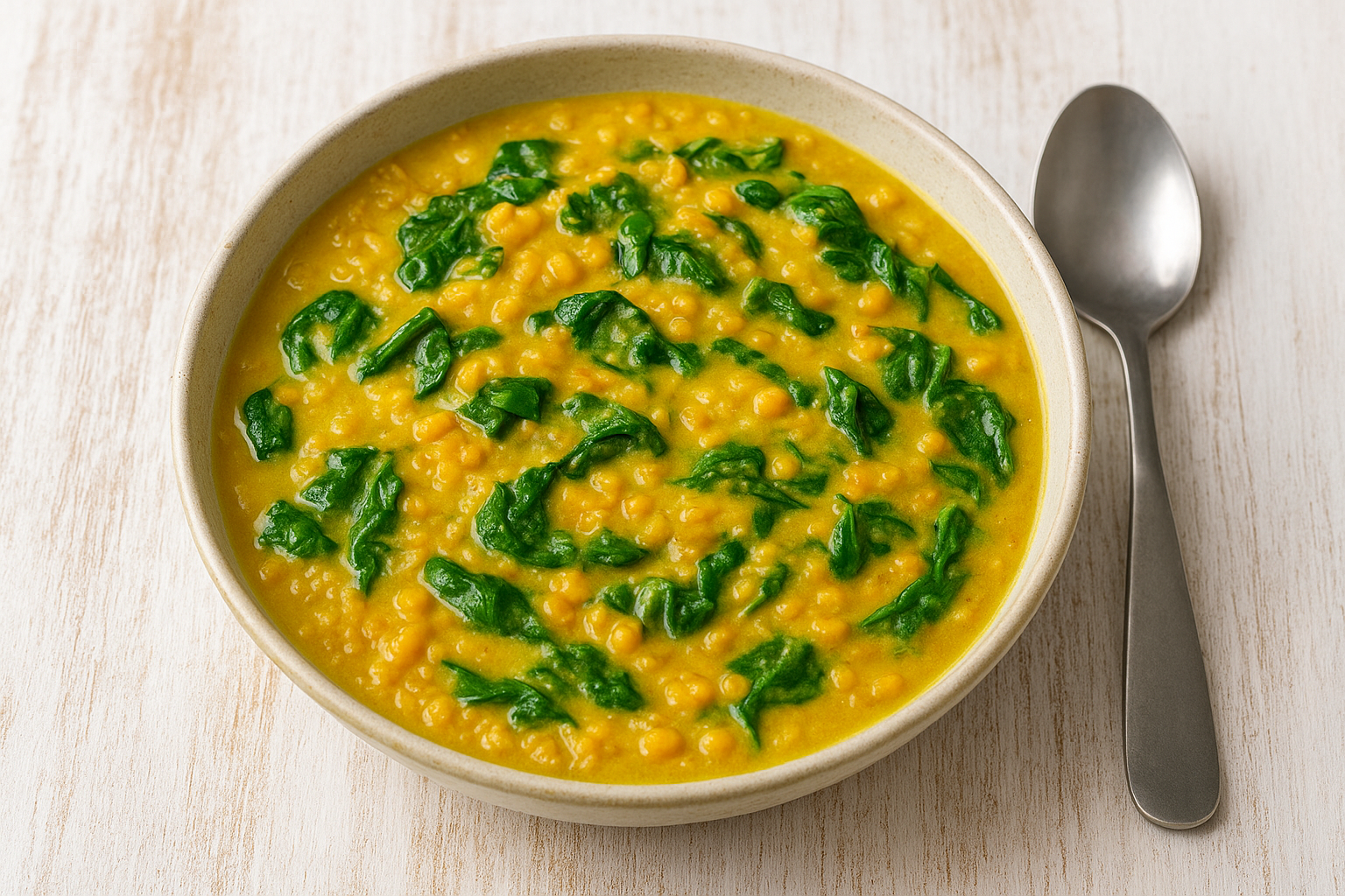 Bol de soupe de lentilles corail avec des épinards. 
