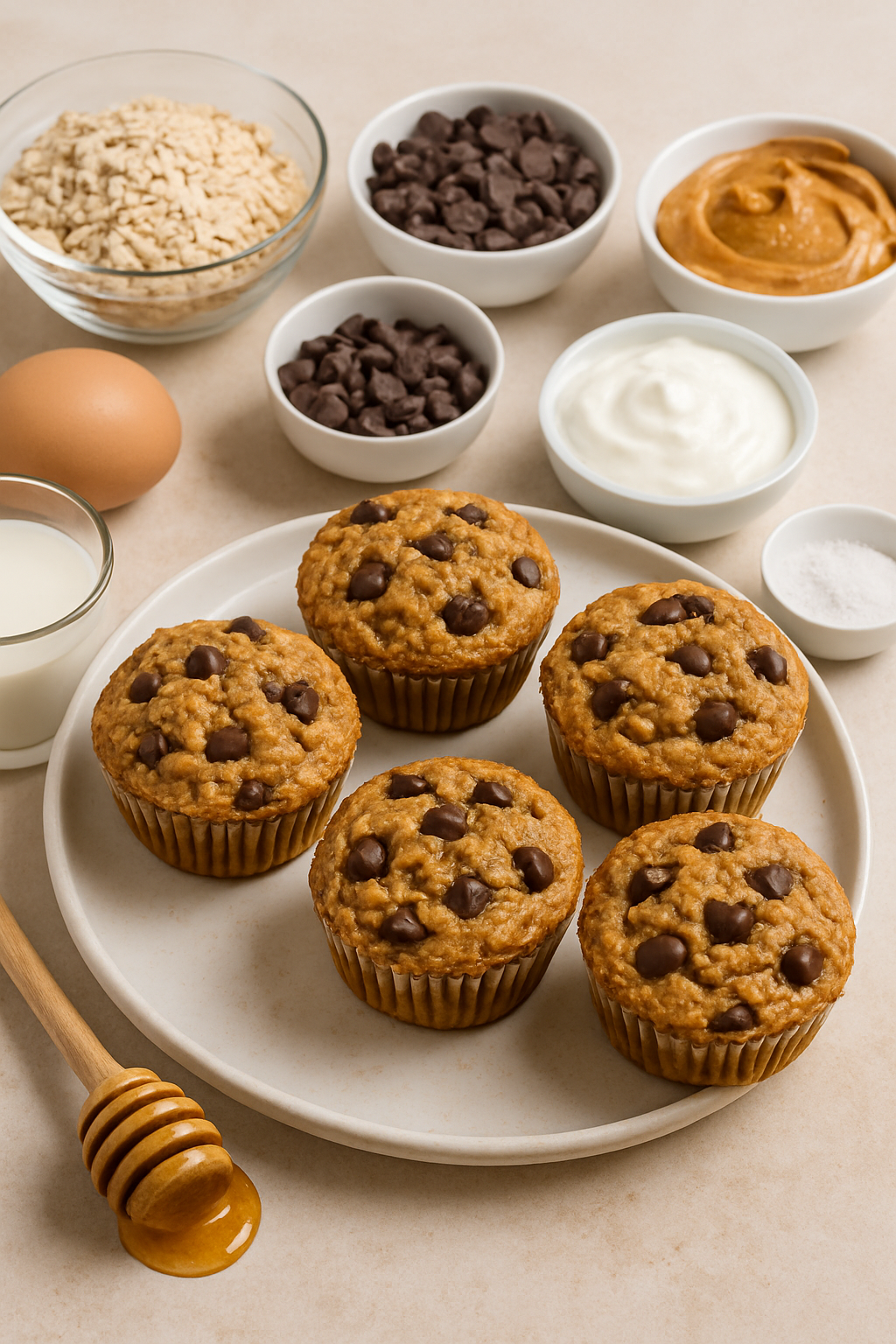 5 muffins protéinés aux pépites de chocolat avec un oeuf, des flocons d'avoine, du fromage blanc, du miel et du beurre de cacahuètes disposés. 