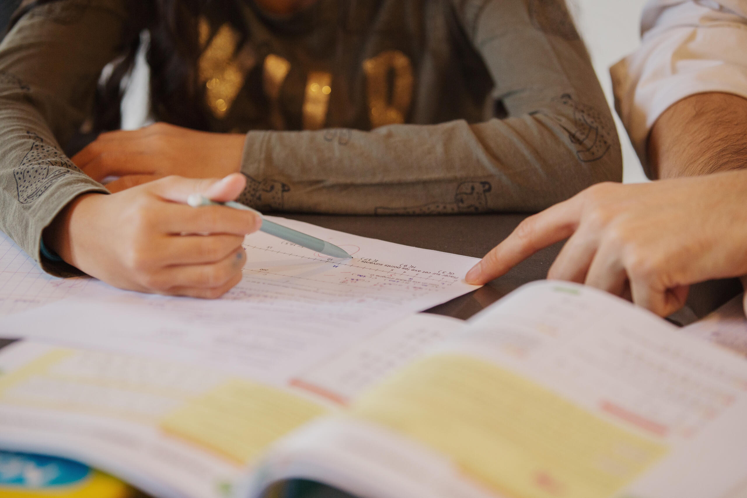 Une élève prend un cours de maths avec un professeur à domicile. 