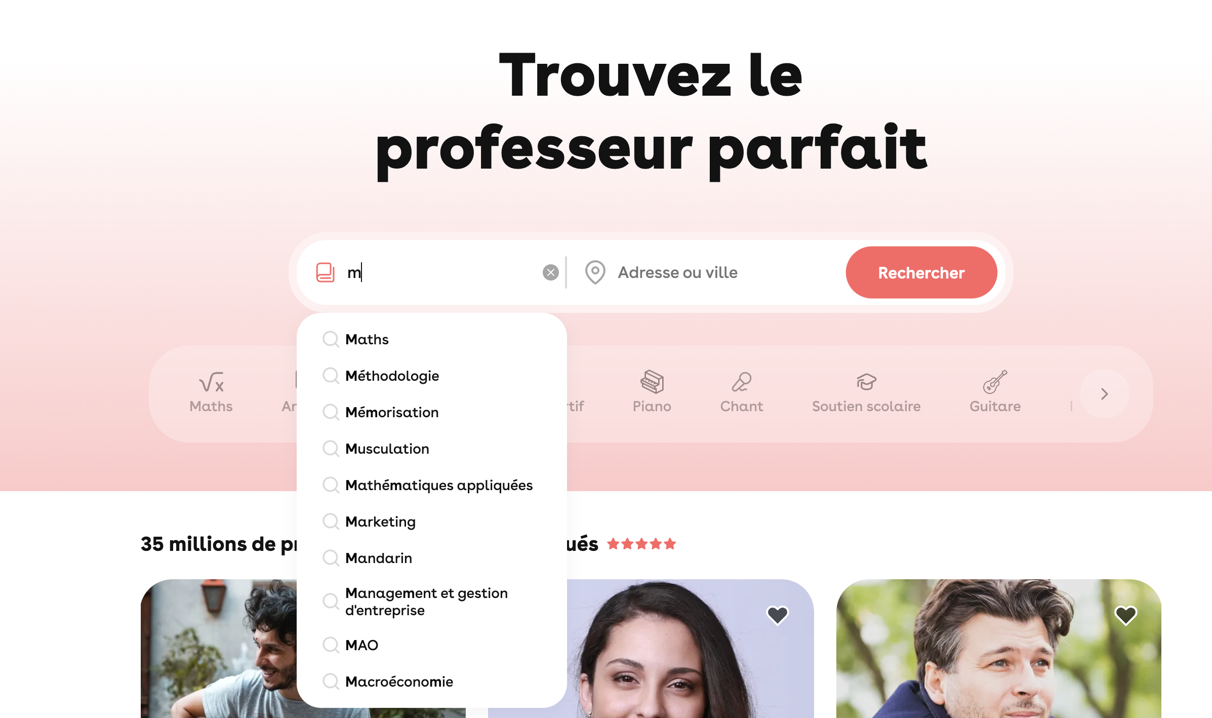 Capture d'écran de l'interface de Superprof