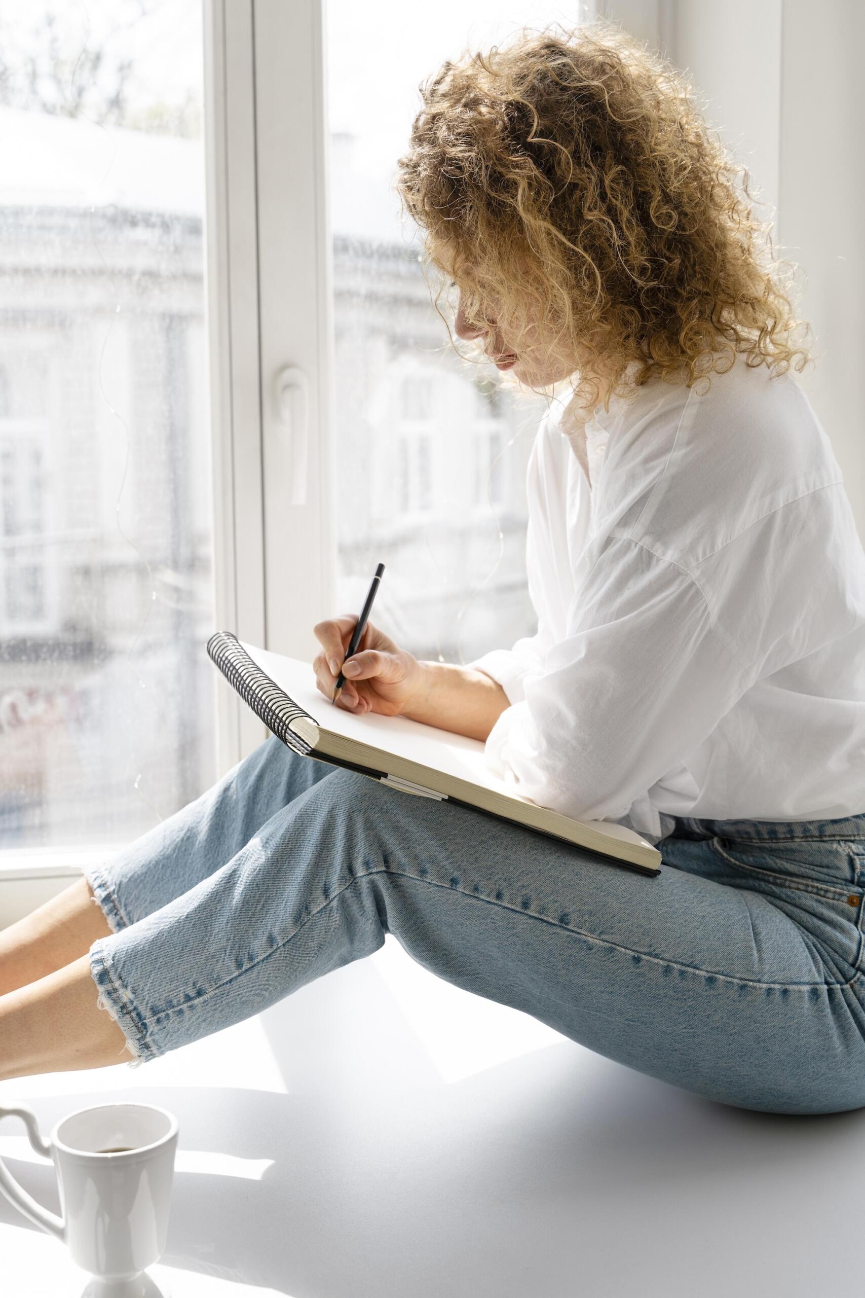 Vue latérale d'une jeune femme dessin à la maison près de la fenêtre