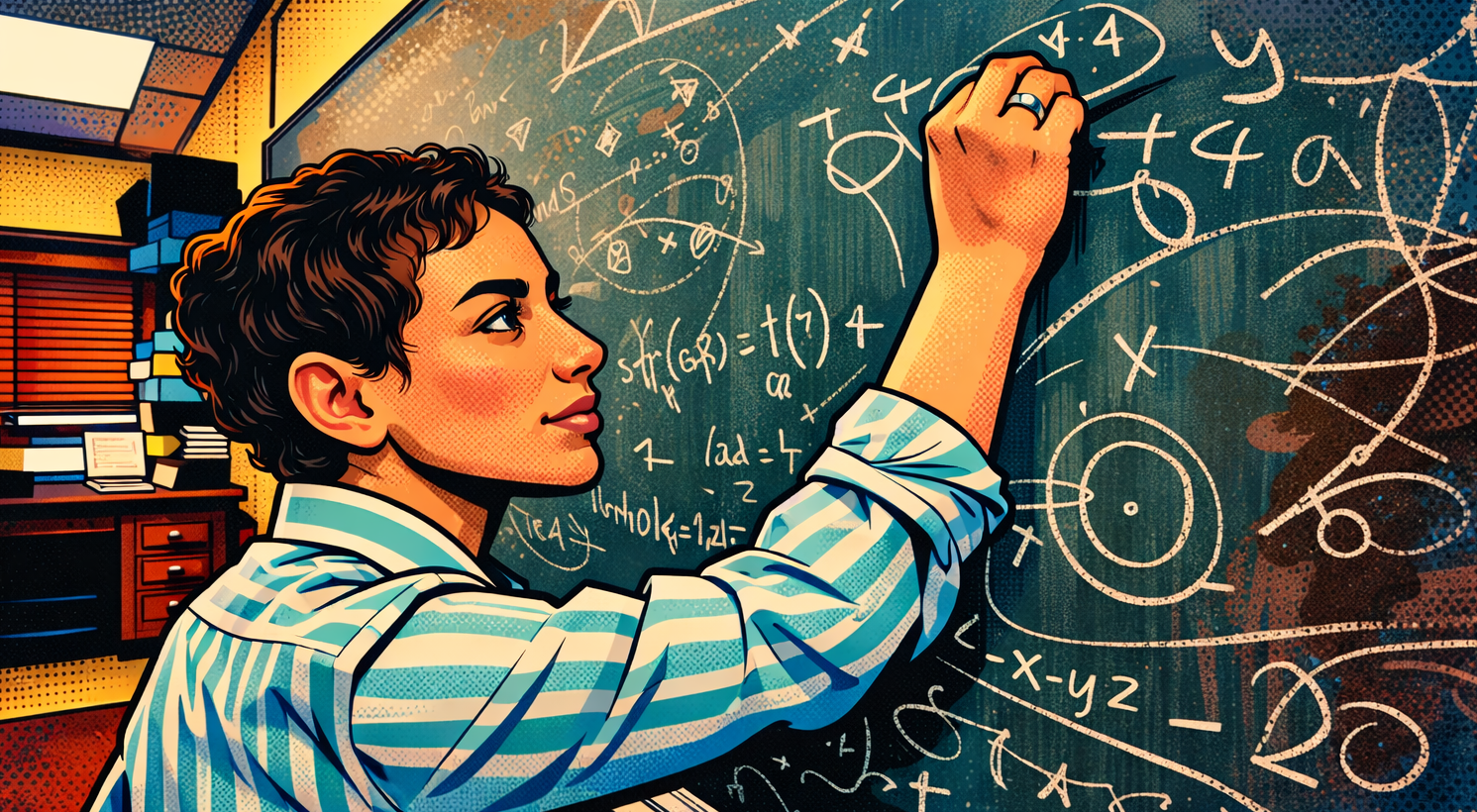 Image de Maryam Mirzakhani écrivant sur un tableau, créée avec l'IA à partir d'une photo existante.