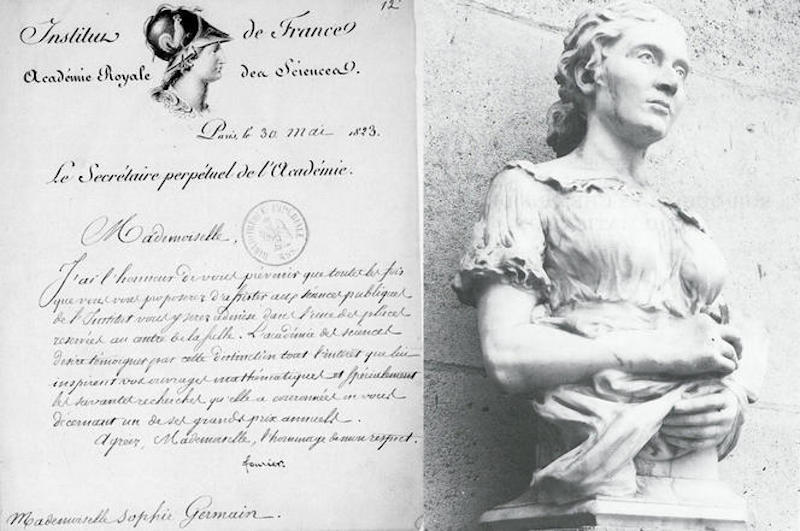 Image de la lettre d'admission de Sophie Germain à l'Académie des sciences avec un buste la représentant.