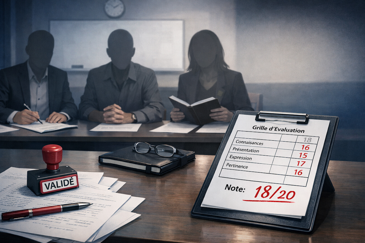 Une photo avec des membres du jury un peu dans le noir et une grille d'évaluation avec la note de 18 / 20