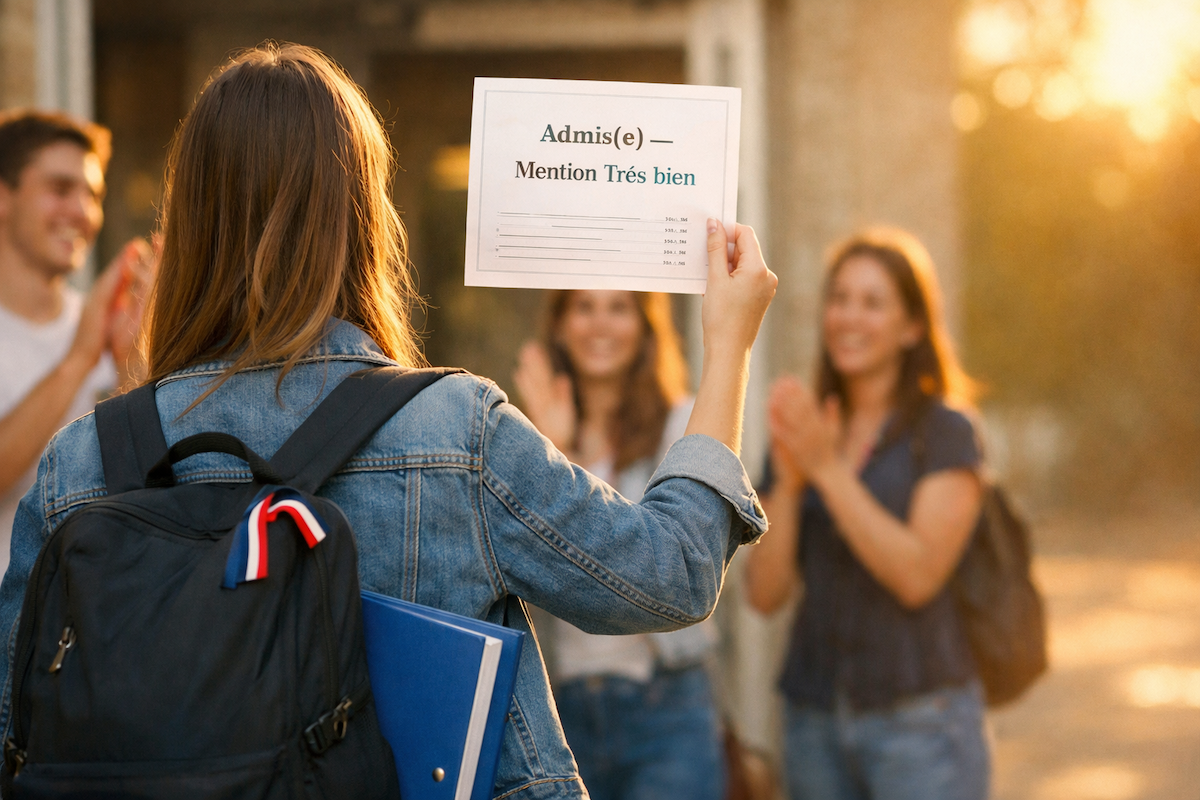 Jeune fille de dos tenant un diplôme "admis - mention très bien"
