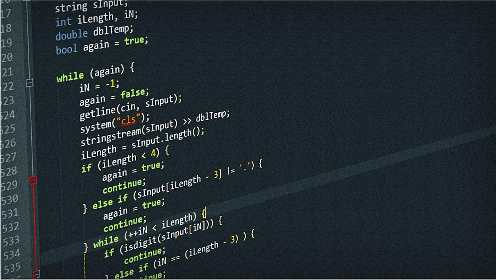Capture d'écran en gros plan d'un éditeur de code affichant un script en langage C++ avec coloration syntaxique sur fond sombre.