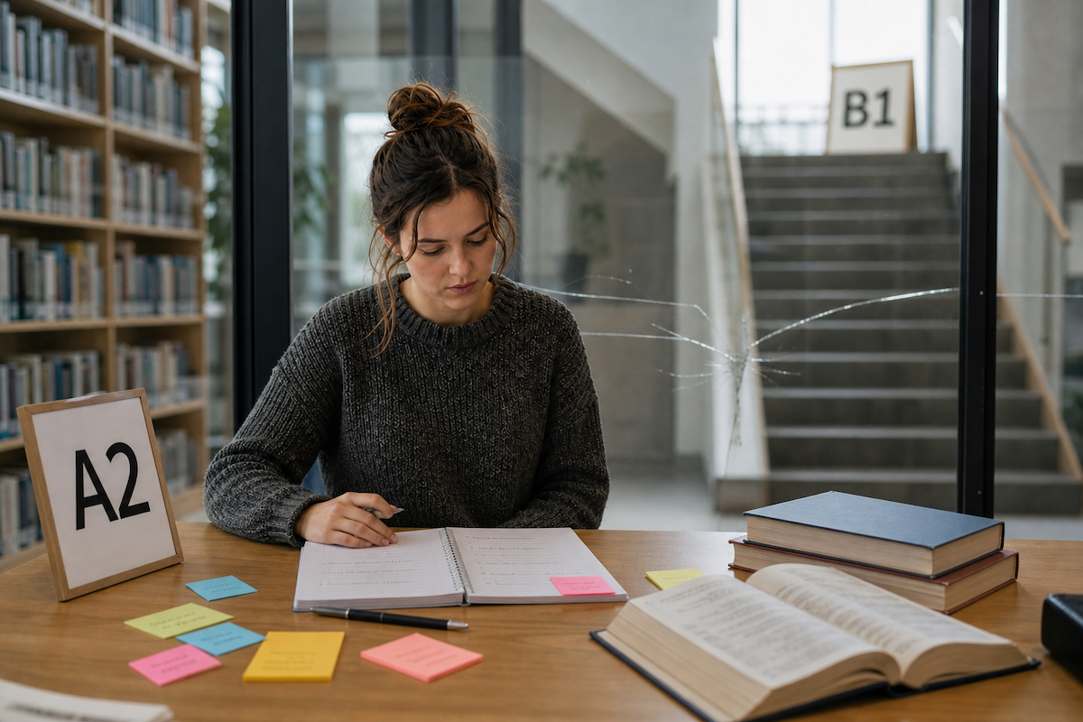 Jeune femme révisant son anglais pour atteindre le niveau A2. 