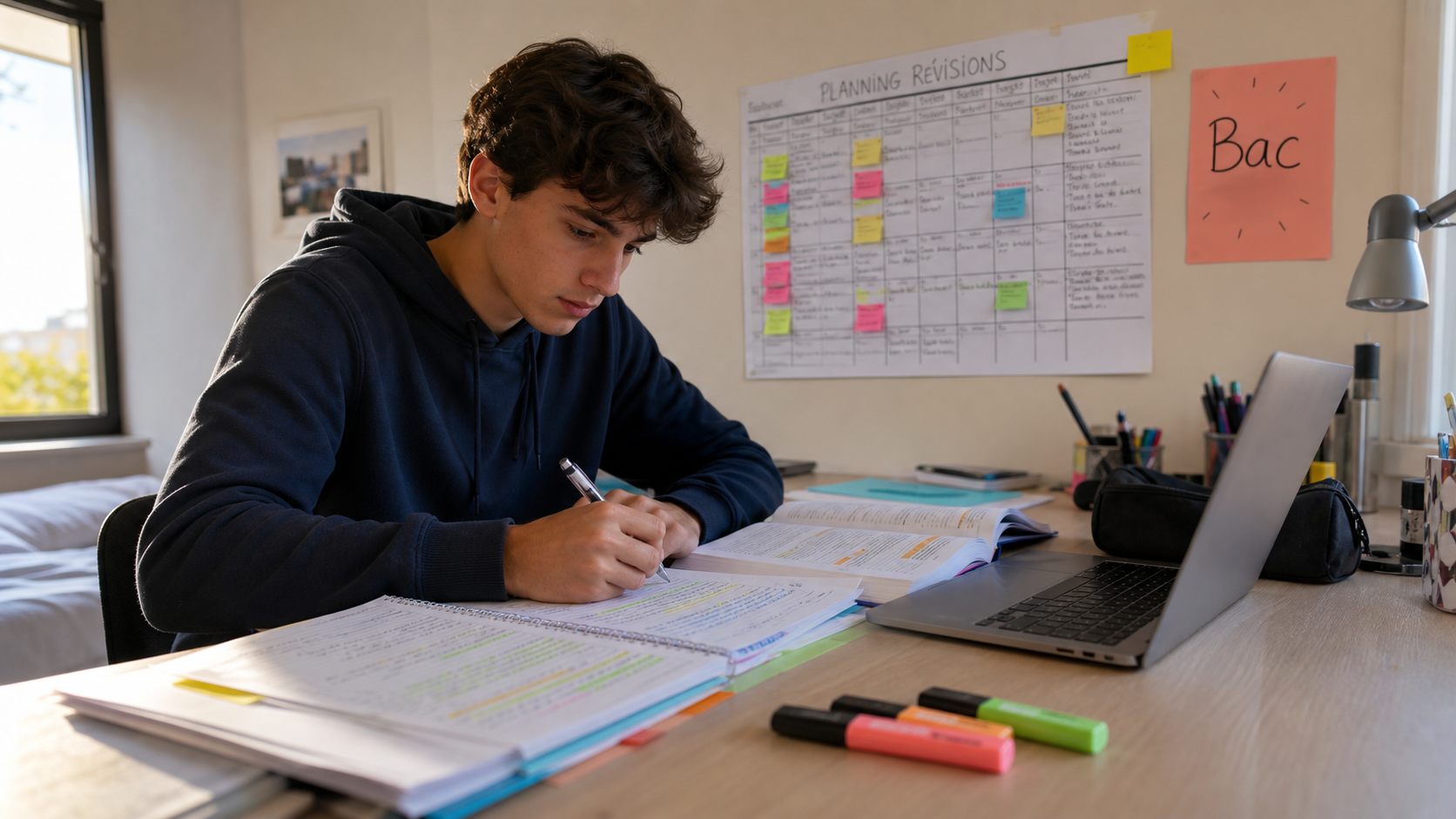 Jeune homme révisant pour le rattrapage du bac.