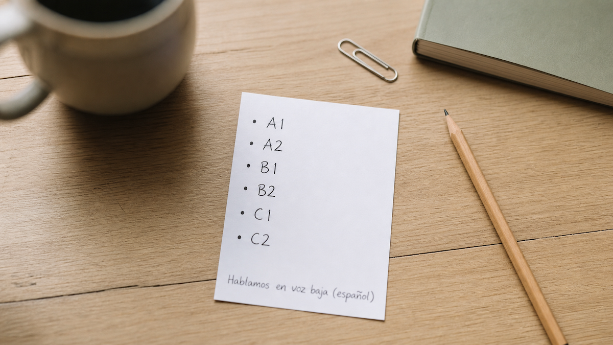 Feuille blanche posée sur un bureau avec les niveaux du CECRL écrit dessus.