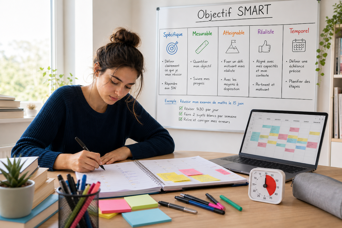 Jeune lycéenne qui organise ses objectifs sur son année scolaire.