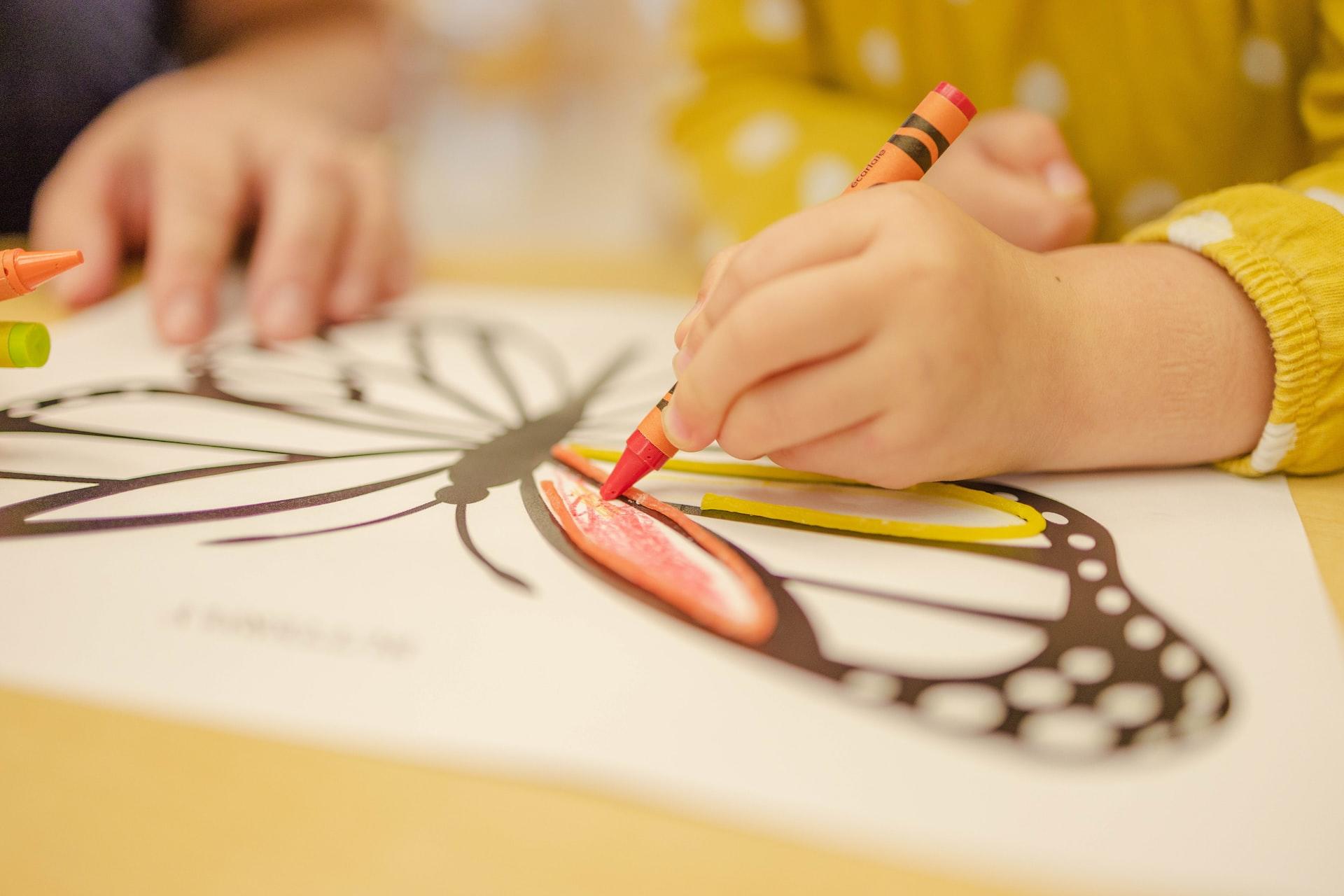 A toddlers' hands shown holding an orange crayon as they colour a butterfly's wings. 