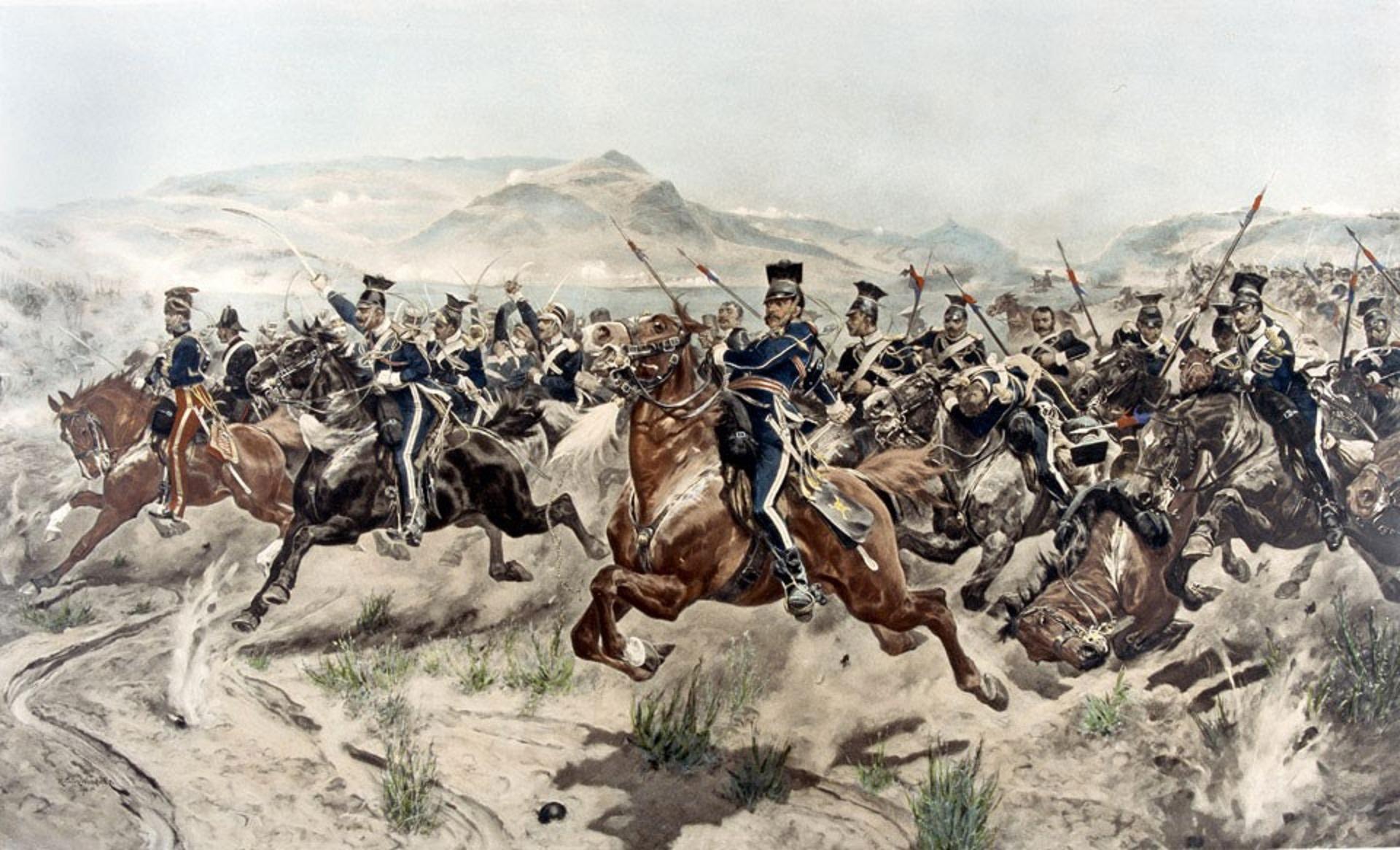 An oil on canvas painting depicting the events described in The Charge of the Light Brigade.