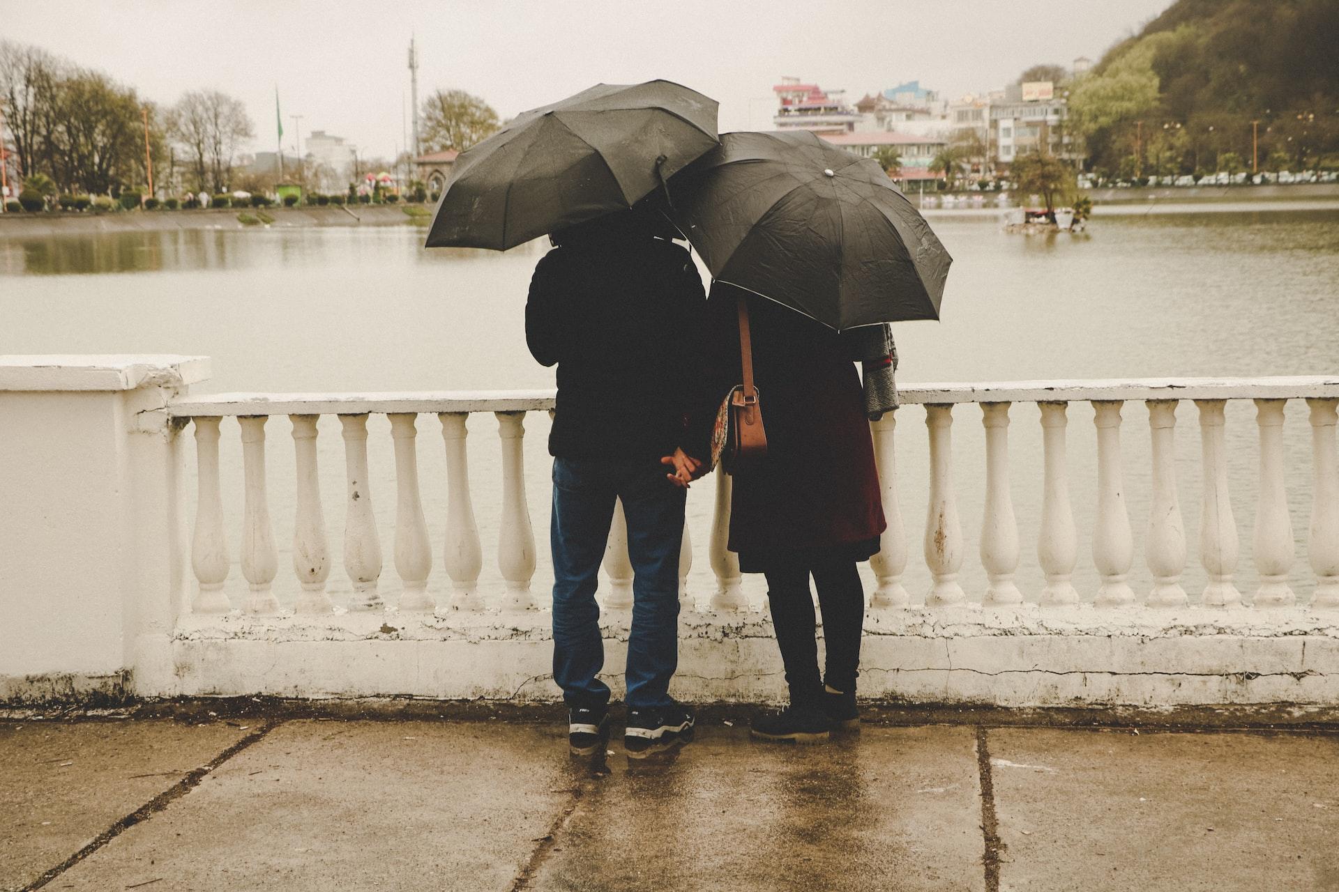 Two people dressed in black and carrying open black umbrellas stand on a bridge overlooking a body of water with their backs to the camera, holding hands on a rainy day. 