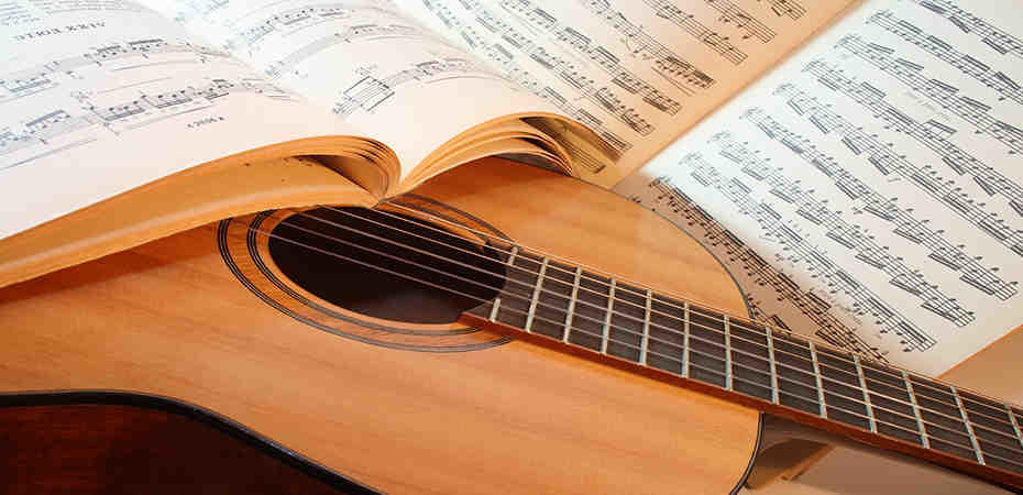 A guitar with sheet music lying on top