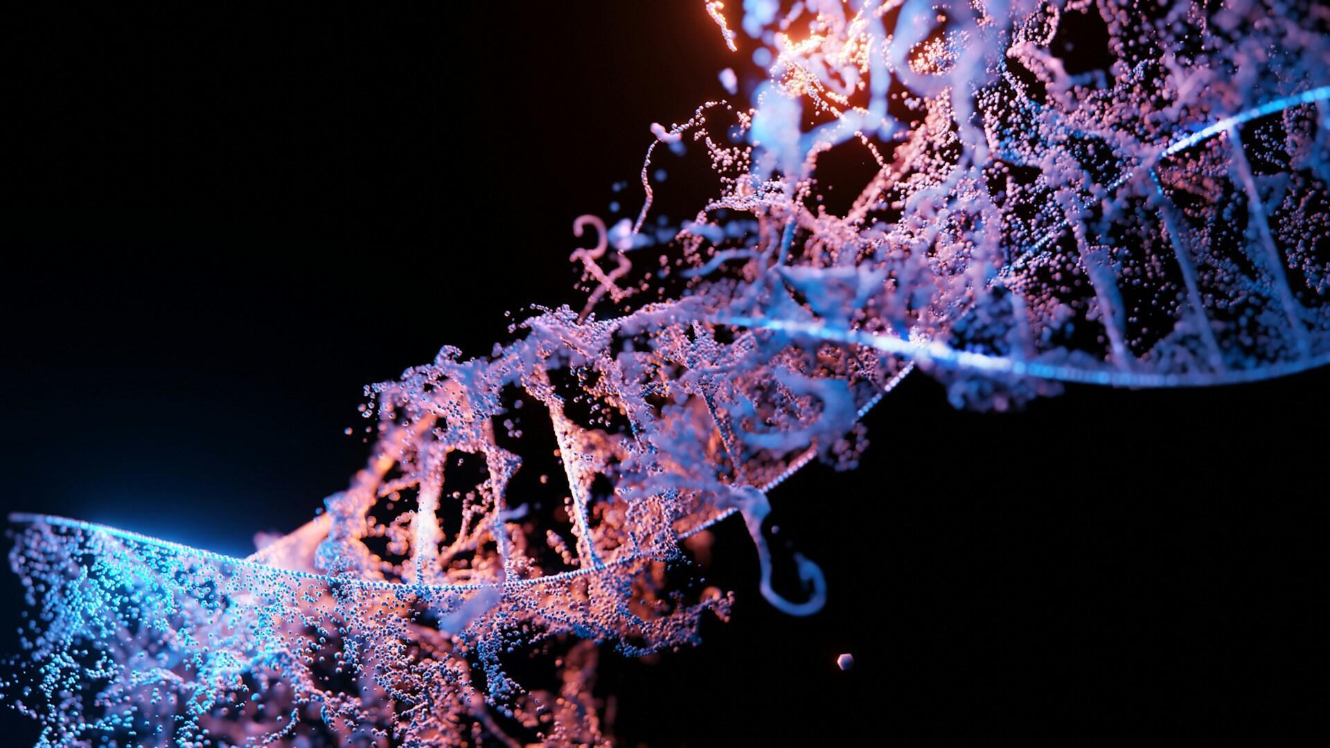 A colourful DNA strand against a black background.