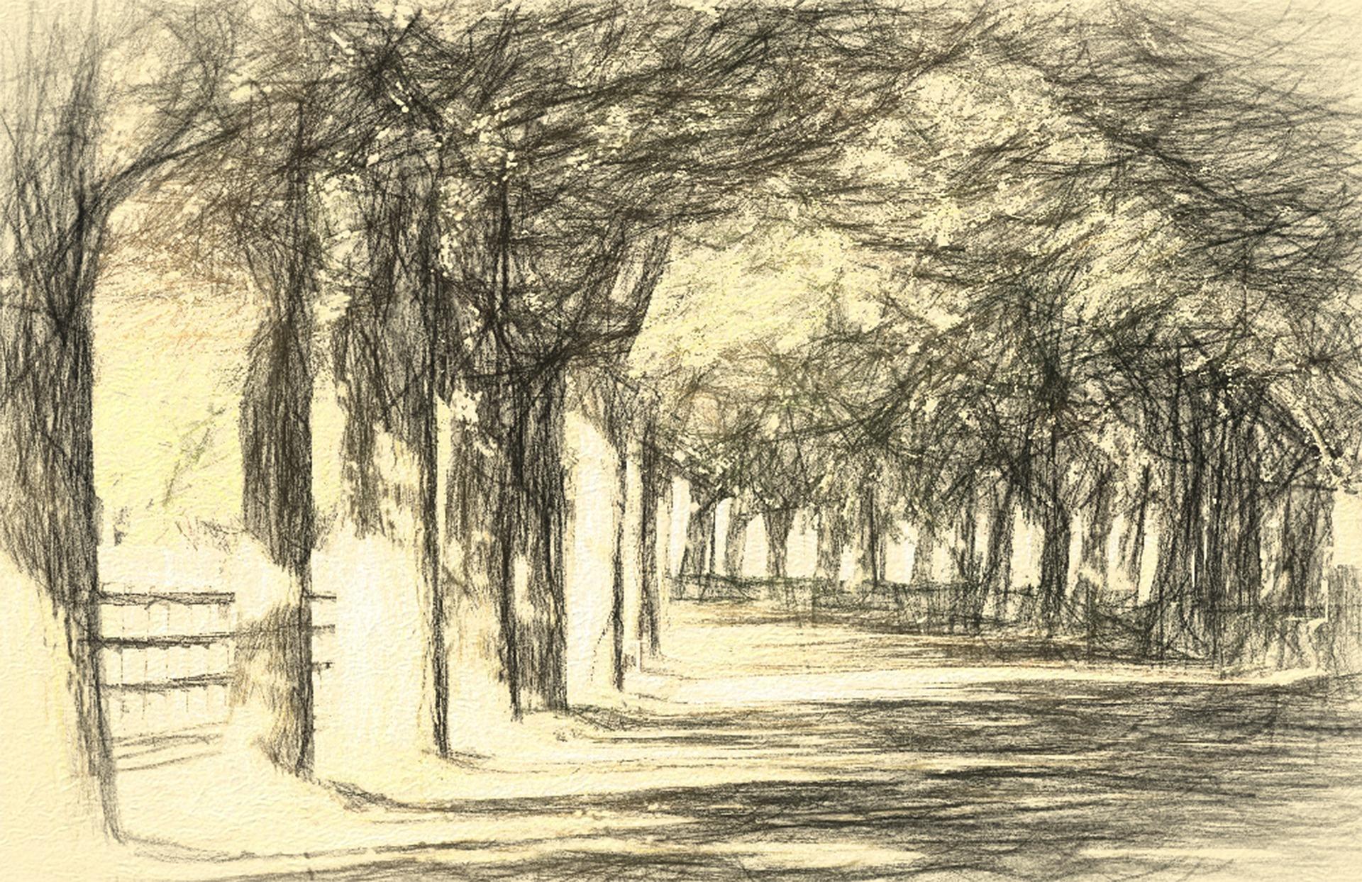 In this landscape drawing, the horizon line is one third of the way up