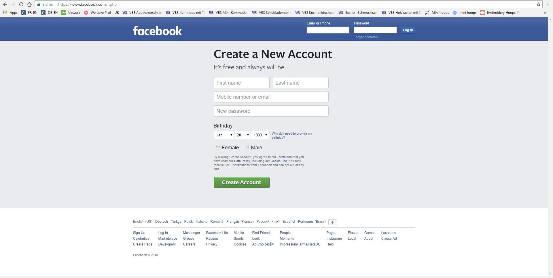The facebook "create account" page