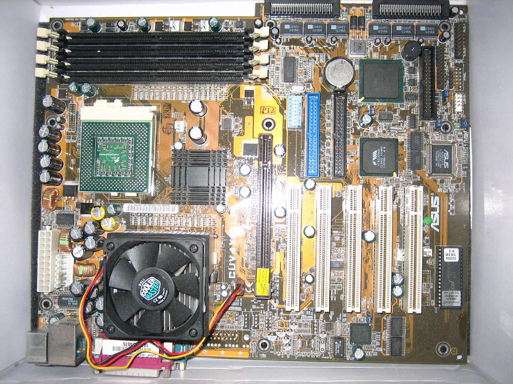 A motherboard with attachments.