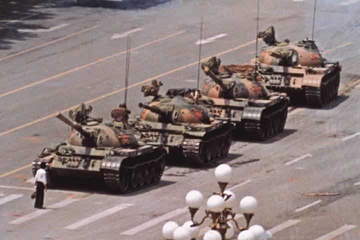 Shocking image in China of a man protesting four tanks.