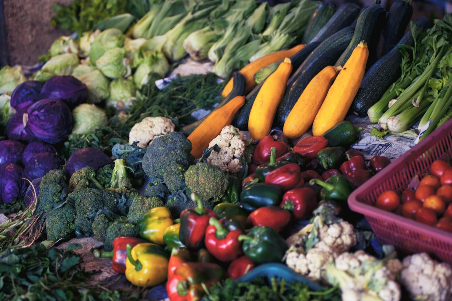 a range of vegetables including brocolli, tomatoes, peppers and courgettes