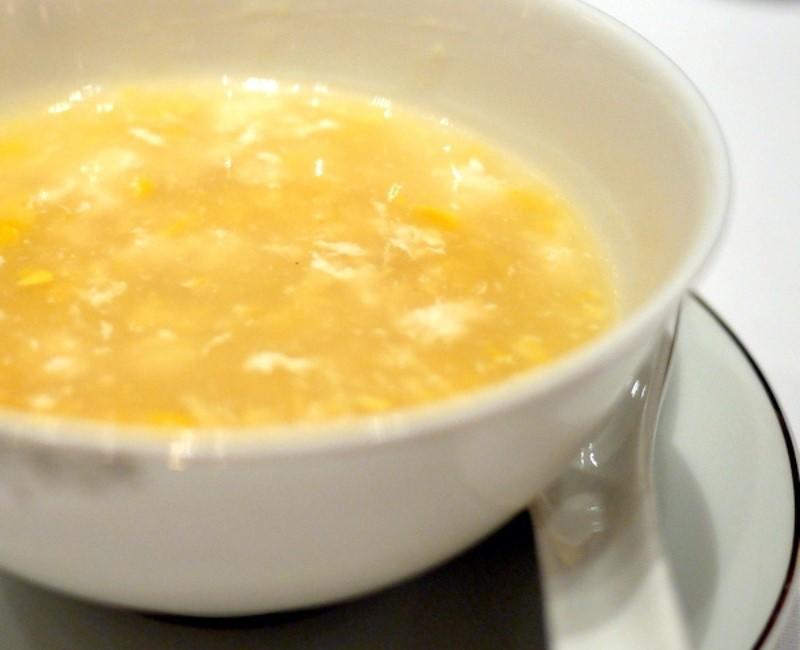 A bowl of Chinese Chicken and Sweetcorn soup.