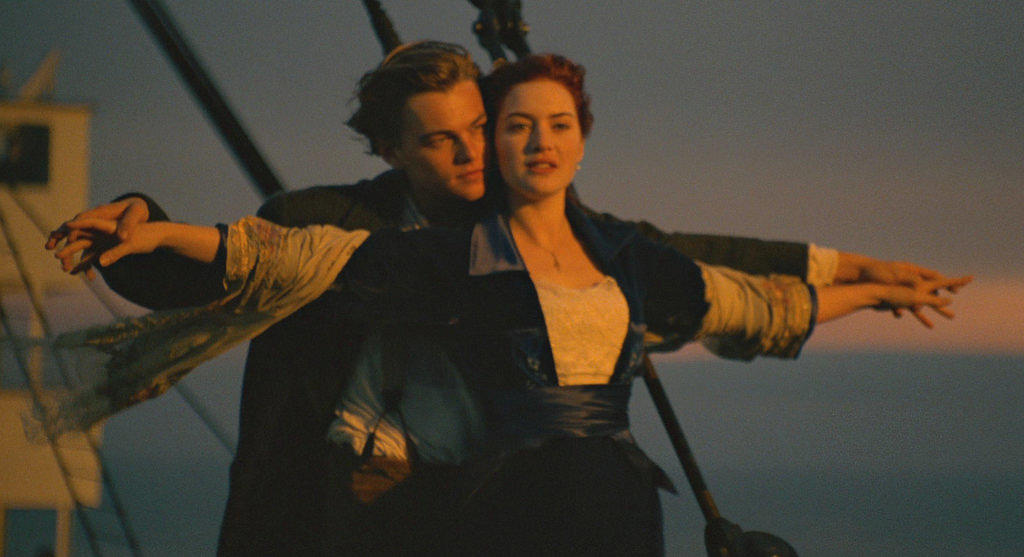 Rose and Jack on the prow of the Titanic.