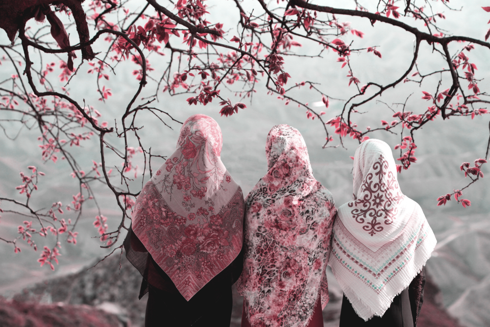Arabian women looking out over a valley.