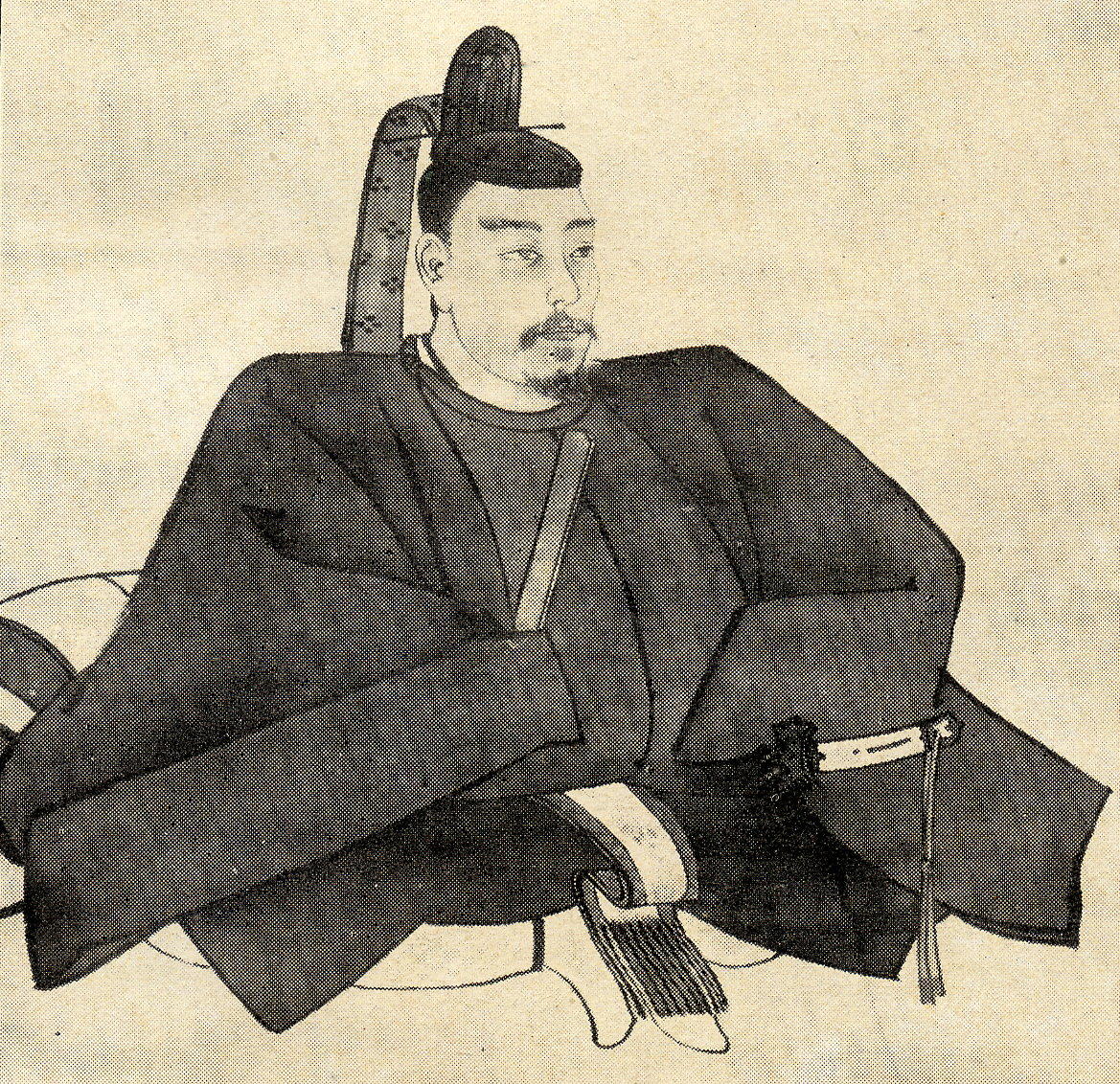 A seated historical figure wearing traditional Japanese attire, including a black kimono.