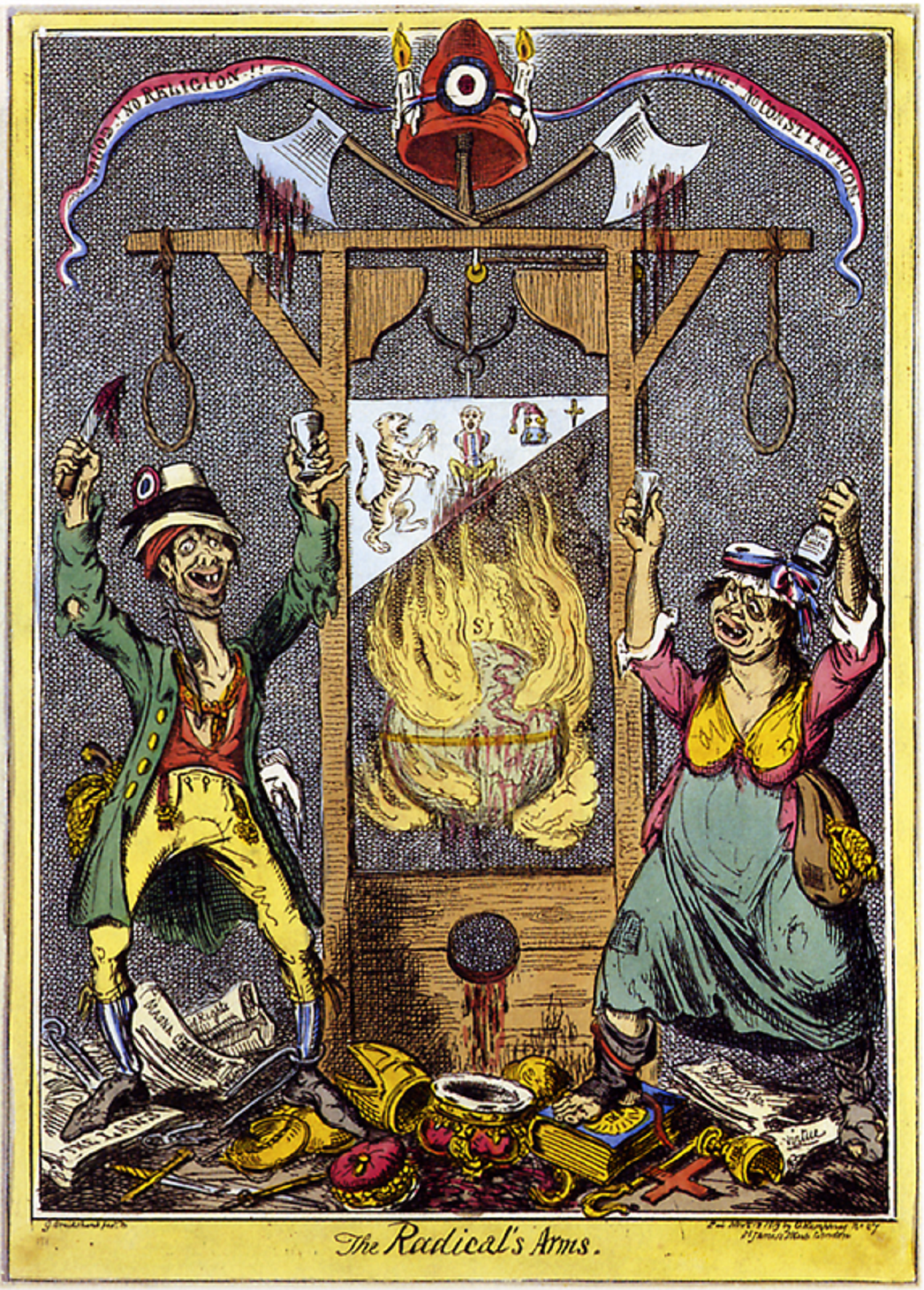A bloody guillotine with two drunken people flanking it, and a pile of treasure under it.