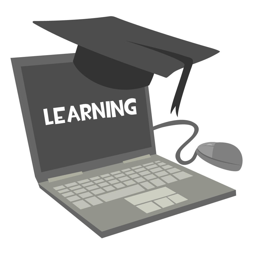A laptop and mouse with learning written on the screen. You can find plenty of economics lessons online.