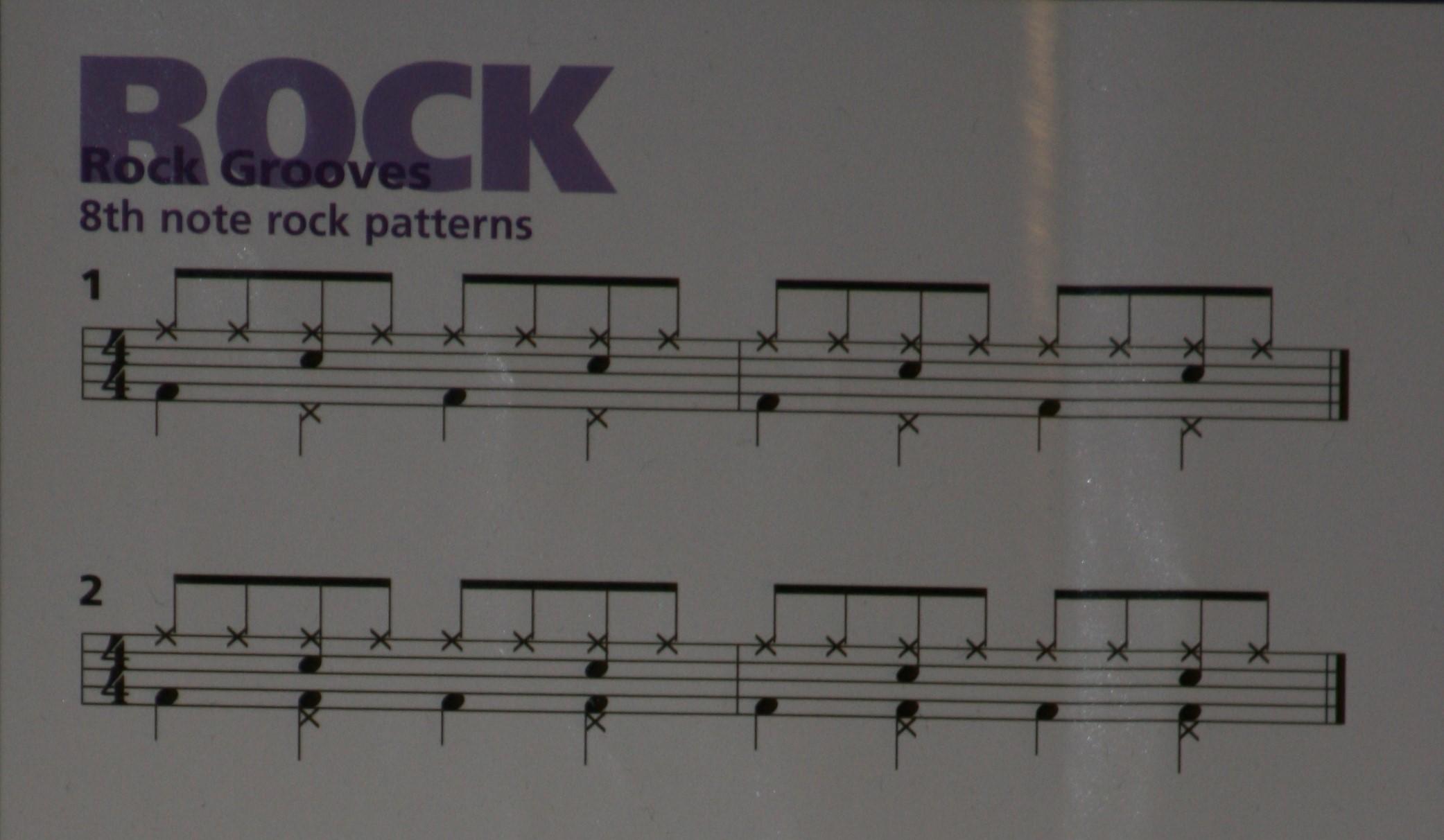 Drum notation indicates beat and type of percussion.