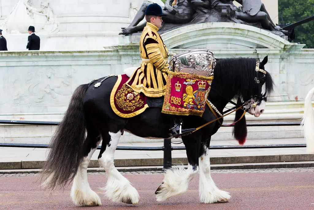 person in an ornate uniform on a hurse playing a kettle drum