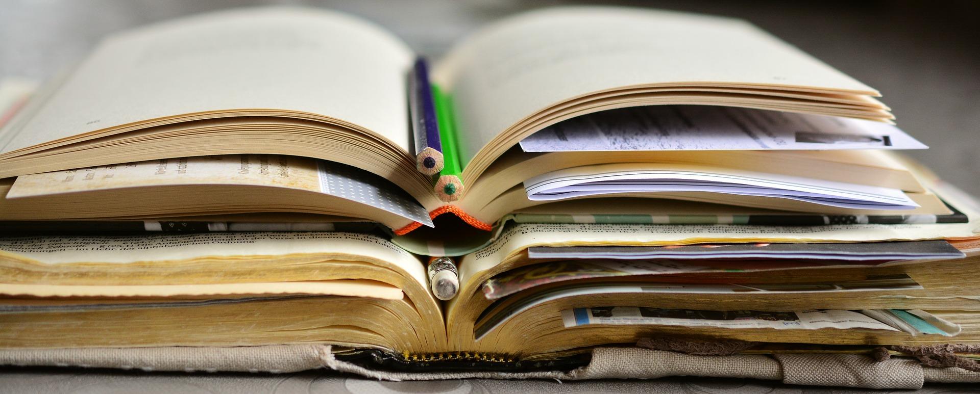 A pile of open study books. Lots of A-Level students want to study economics at university.