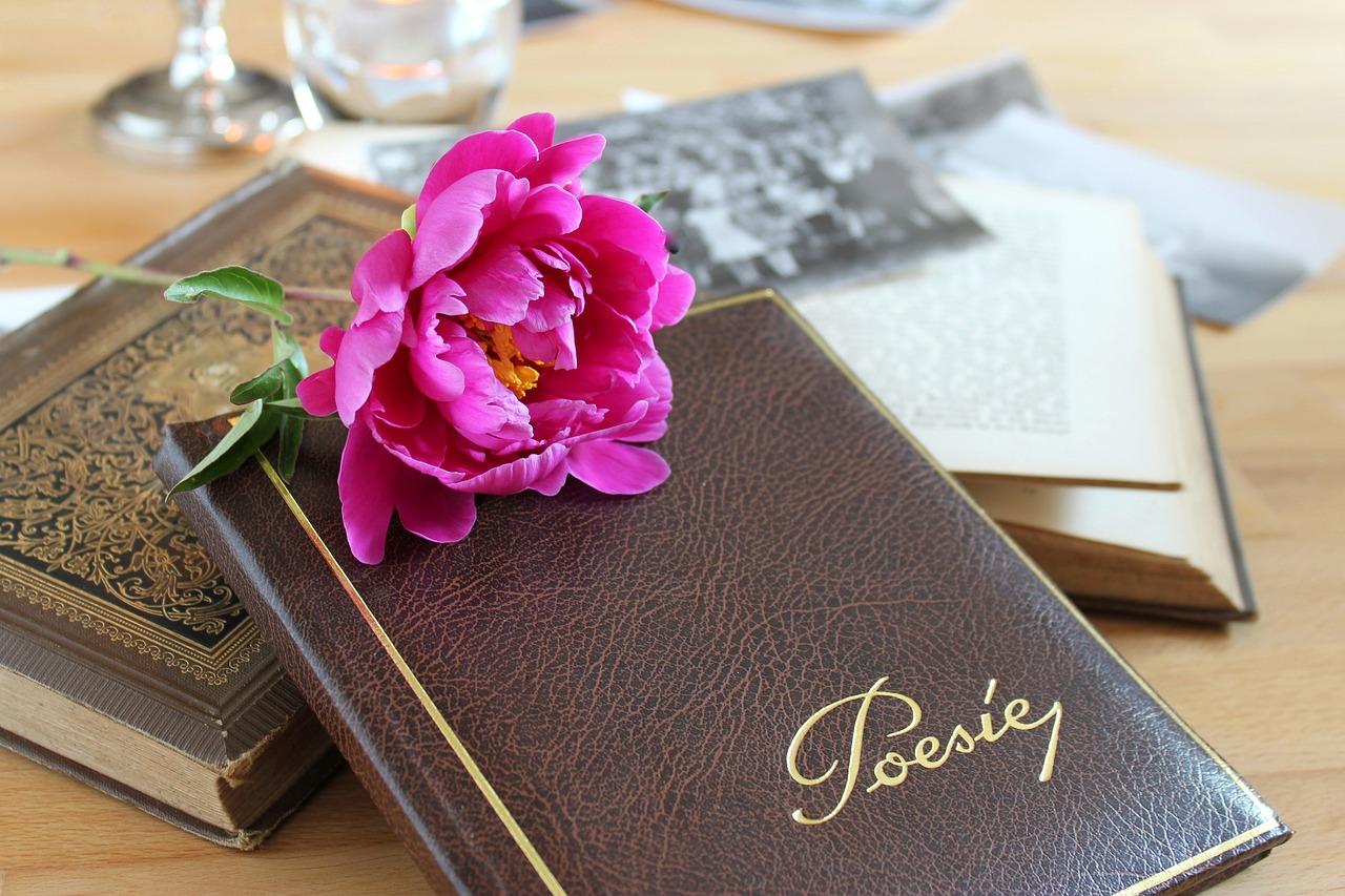 A poetry book with a pink flower on top of it. Poetry books for kids are very popular.