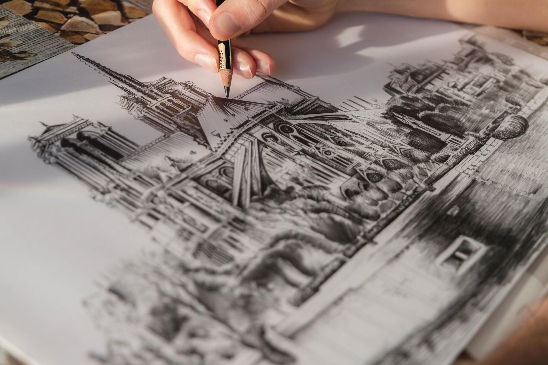 A pencil drawing of a church.