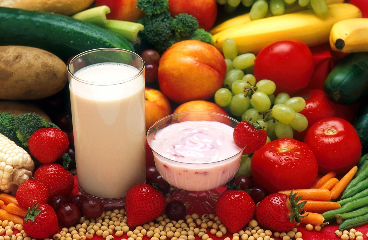 A selection of healthy fruit and vegetables and dairy. Good food labelling can help you buy foods that lead to a balanced diet.